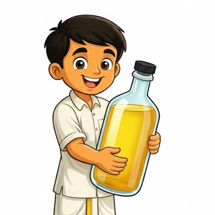 Illustration of Dheeran holding a bottle of oil